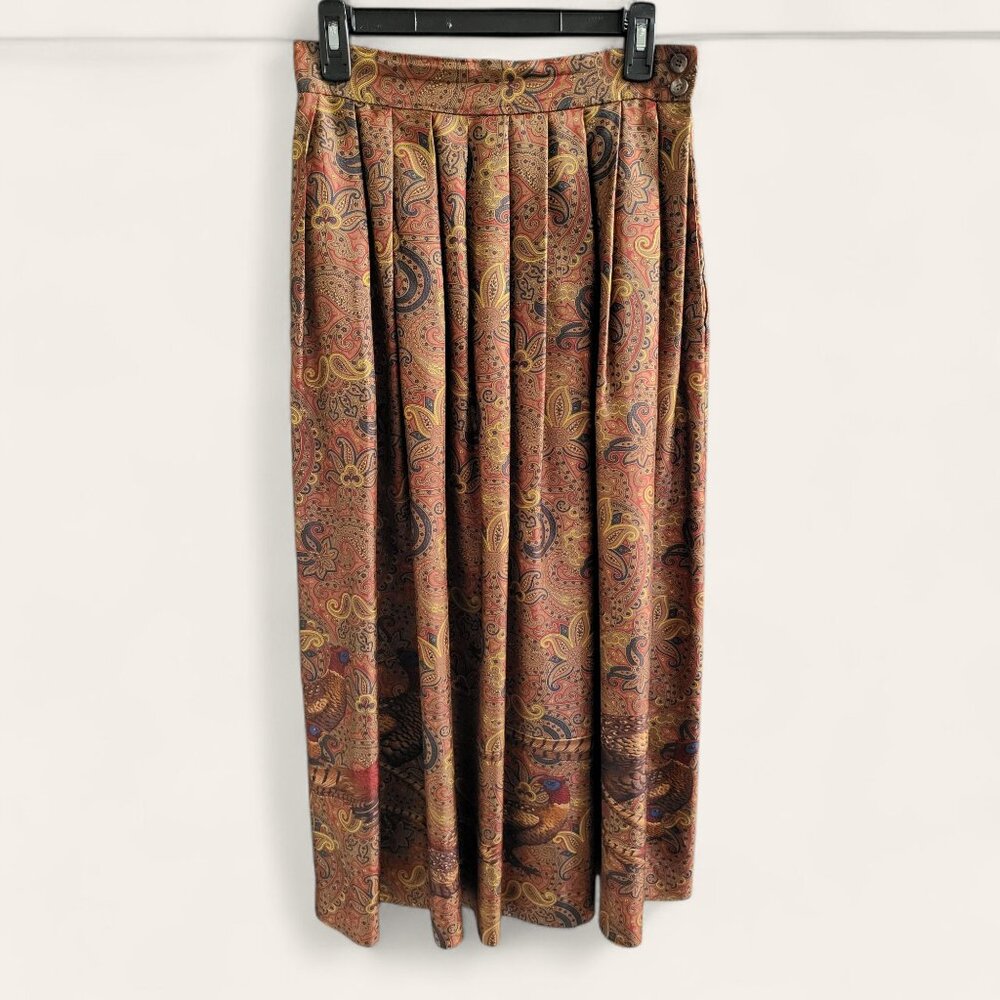 Vintage Ralph Lauren 100% Silk Paisley Print Pleated Pheasant Skirt Womens 10